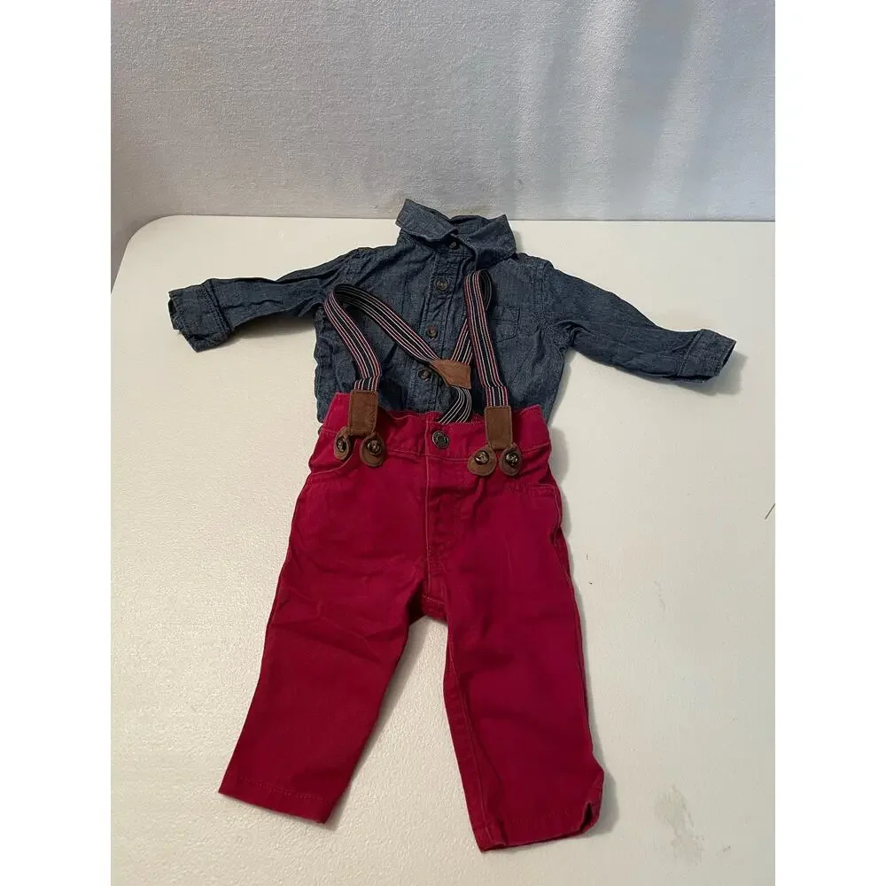 Carters baby 2 piece denim top snap closure red suspender‎ pants 3 month set
